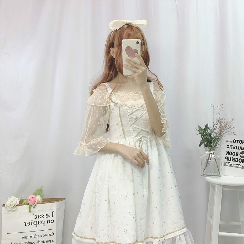 Sommer blød søster lolita top jsk kjole lolita med flæsede trompetærmer knop silke gaze bluse top