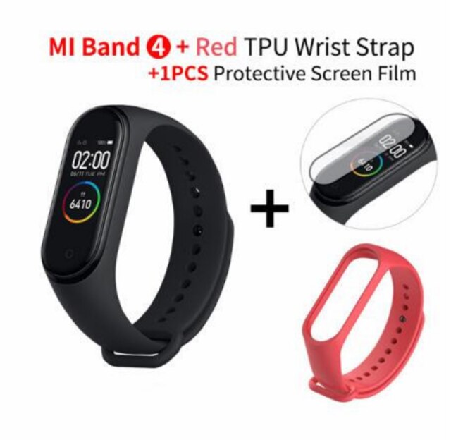 In Stock Original Xiaomi Mi Band 4 Smart Miband 3 Color Screen Bracelet Heart Rate Fitness Music Bluetooth 50M Waterproof Band4: add red strap film