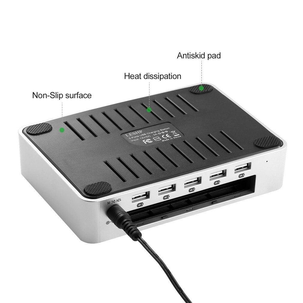 Universelle usb-ladestation mit 5 anschlüssen, abnehmbarer usb-tischladegerät mit halterung und schnellladefunktion für mobiltelefone und tablets