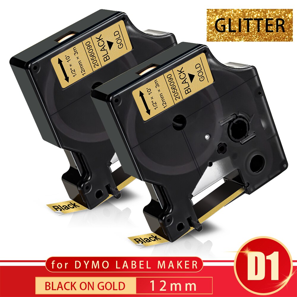 Topcolor 12mm D1 Label Tape Compatible Dymo Label Maker Black on Glitter Gold Shiny Ribbon for Dymo Labeller Typewriter LP350