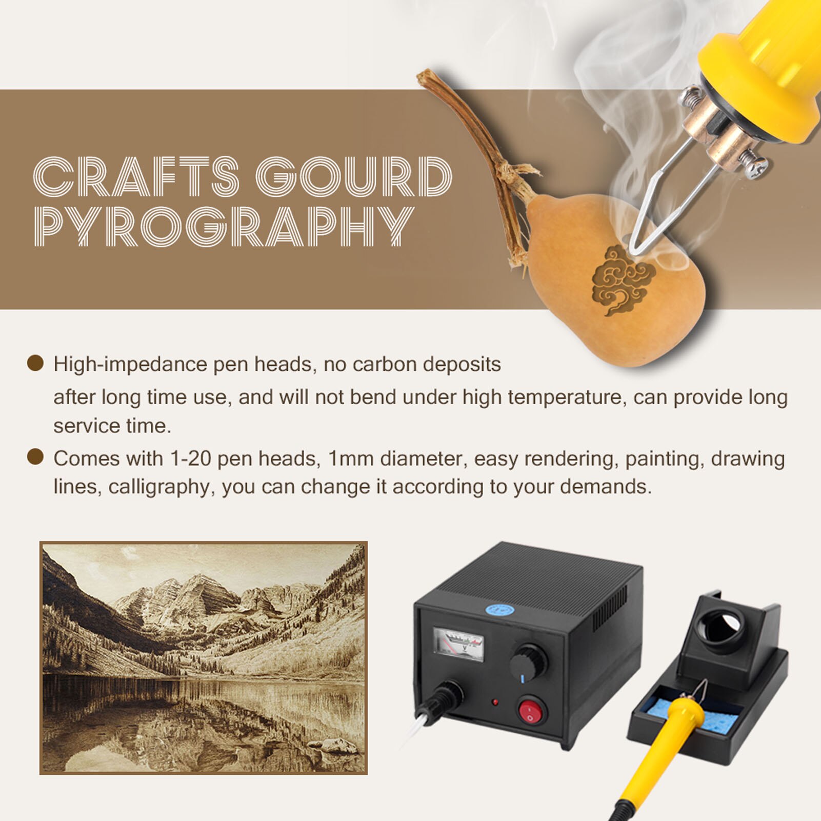 LH45-ZA1 Pyrography Machine Pointer Voltmeter Type Multifunctional Electric Gourd Wooden Welding Tool with Heating Pen Heads