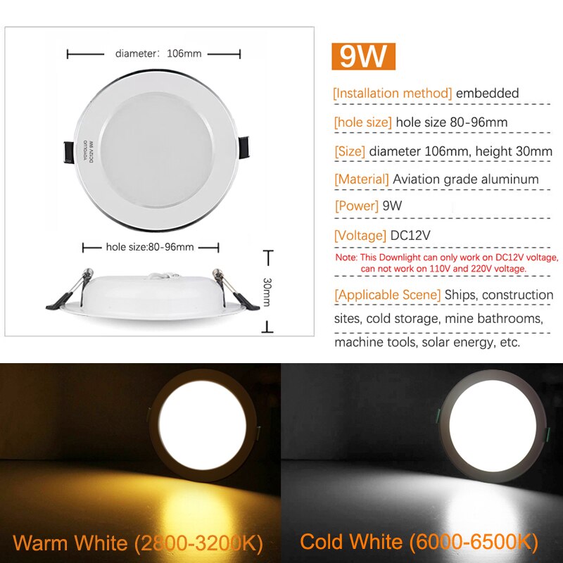 Lage Spanning Downlighters Verzonken Led Licht 6W 9W 12W Led Spot Light Led Decoratie Plafond Lamp Dc 12V Led Downlinght: DC12V 9W / Warm white