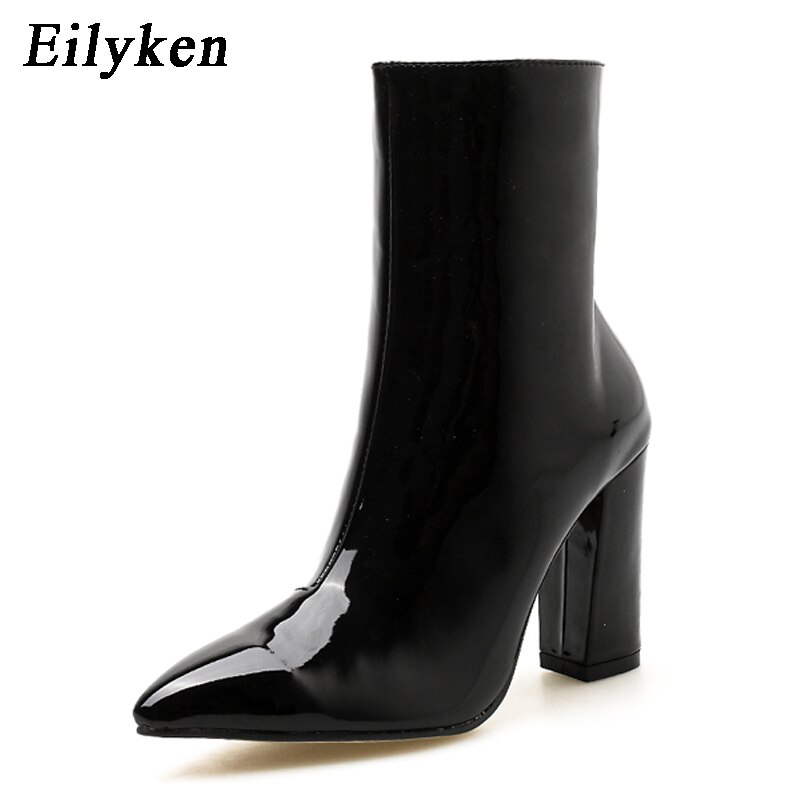 Eilyken guld silver lack dam ankelstövlar spetsiga tå fyrkantiga klackstövlar stilett dam pumps chelsea boots: Svart / 8