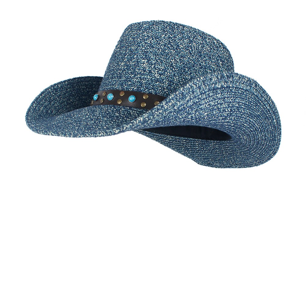 Halm hule vestlige cowboy hat kvinder mænd sommer halm sombrero hombre strand cowgirl jazz sol hat: Mørkeblå
