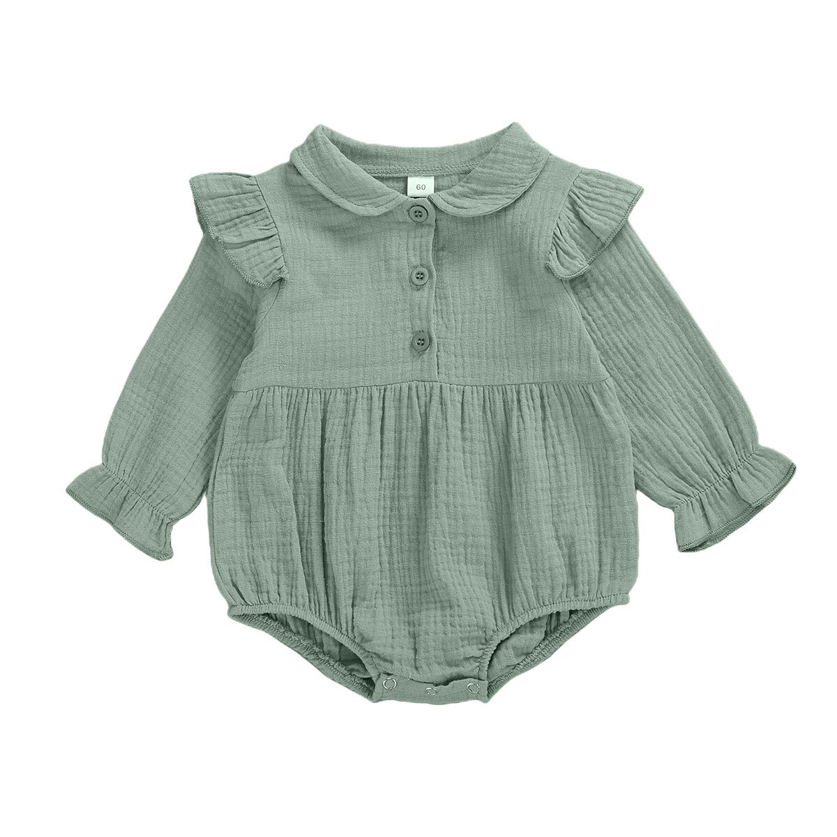 Baby Girls Boys Solid Romper Long Ruffles Sleeve Doll Collar Triangle Crotch Princess Infant Linen Cloth for Toddler 0-2 Years: Green / 0-6 Months