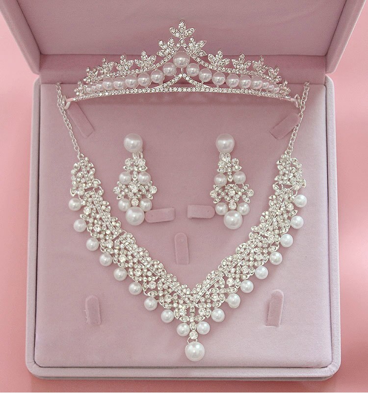 Prachtige Parel Bruiloft Bruids Sieraden Sets Vrouwen Bruid Bruiloft Sieraden Accessoires Tiara Kroon Oorbel Ketting: Bridal Jewelry sets