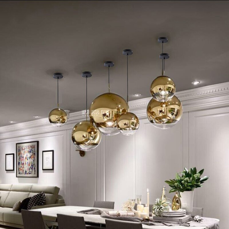 Moderne sølv spejl kugle pendel globe glas led  e27 boligindretning stue soveværelse villa luksus hængende lysarmaturer
