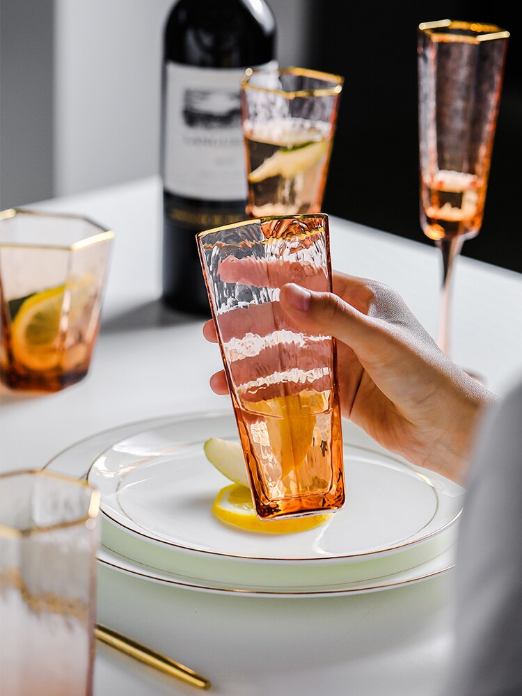 Japan Orange Color Wine Glass Geometric Hexagonal Champagne Goblet Tequila Whiskey Wine Glasses Home Barware