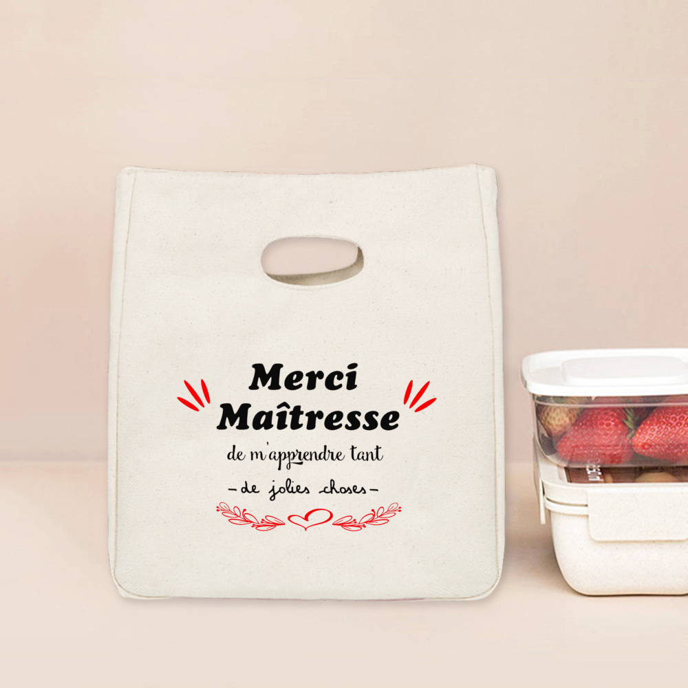 Merci Maitresse Print Lunch Bag Przenośna izolowana płócienna torba termiczna Bento Tote Thermal School Torby do przechowywania żywności Prezent dla nauczyciela: Black