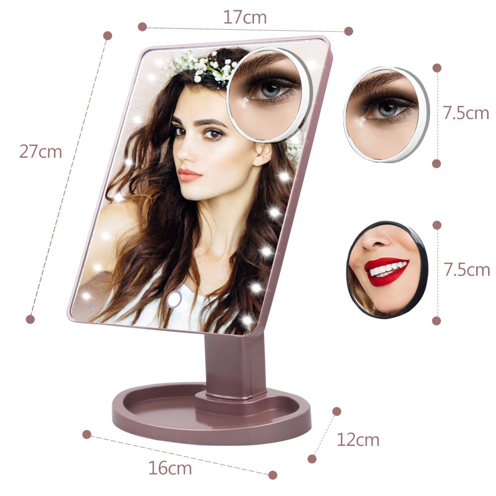 Illuminated Mirror Adjustable 10X Magnifier Makeup Mirror 16/22 LED Lights Touch Screen USB Or Batteries Use Tabletop Bright