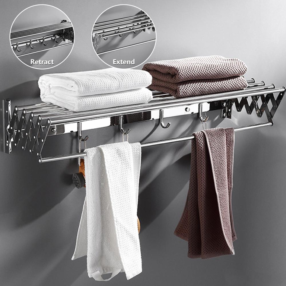 Stainless Steel Towel Racks Movable Telescopic Folding Rack Towel Holder Shelf Wall Mount Drying Rack for Toilet Bathroom