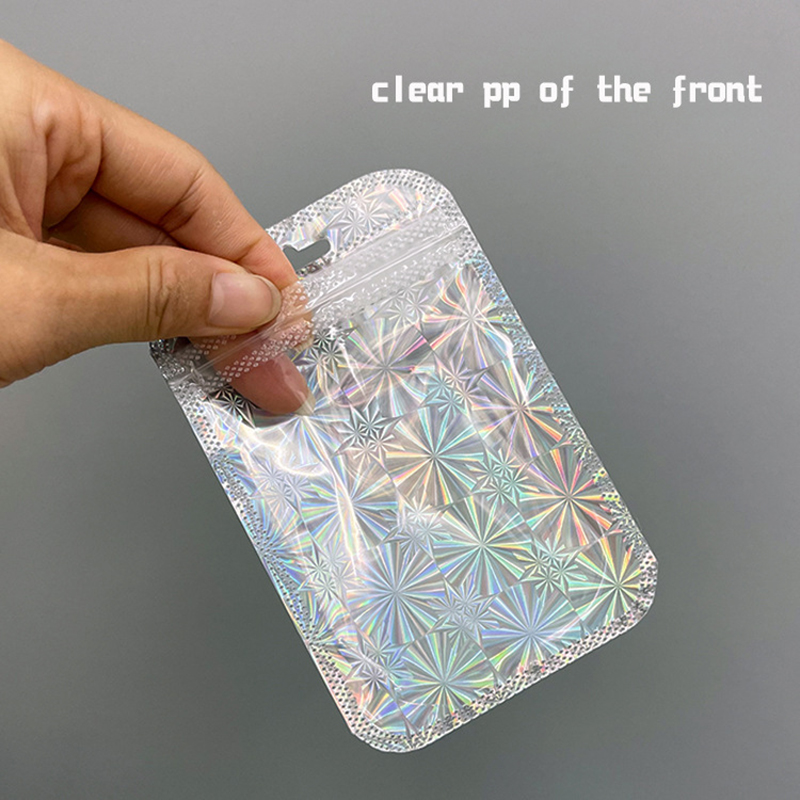 7x1 1cm ponownie zamykany OPP torby przezroczyste okienko zagęścić z tworzywa sztucznego samoklejący woreczek opakowanie z otworem do powieszenia DIY biżuteria do prezentowania, przechowywania biżuterii, zegarków: Laser silver