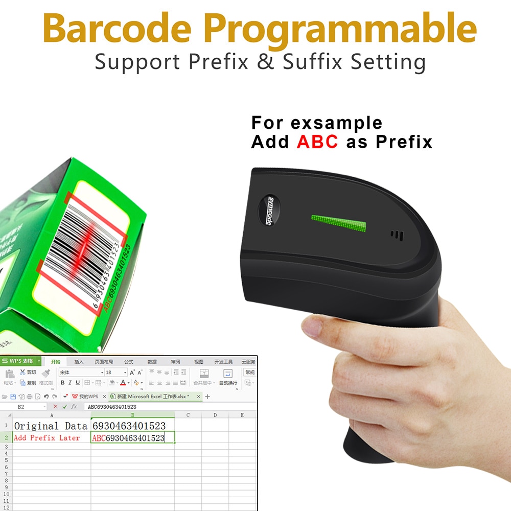 Symcode CCD Draadloze Barcode Scanner, 30-100 meter Overdracht Afstand, 16M Opslagruimte, kan lezen 1D Screen Code