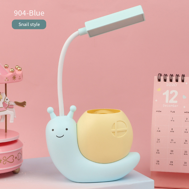 Tegneseriebordlampe søt snegle nattlys usb oppladbar ledet-bordlampe låve øyebeskyttelse skrivebordslampe leselampe med penn: Blå