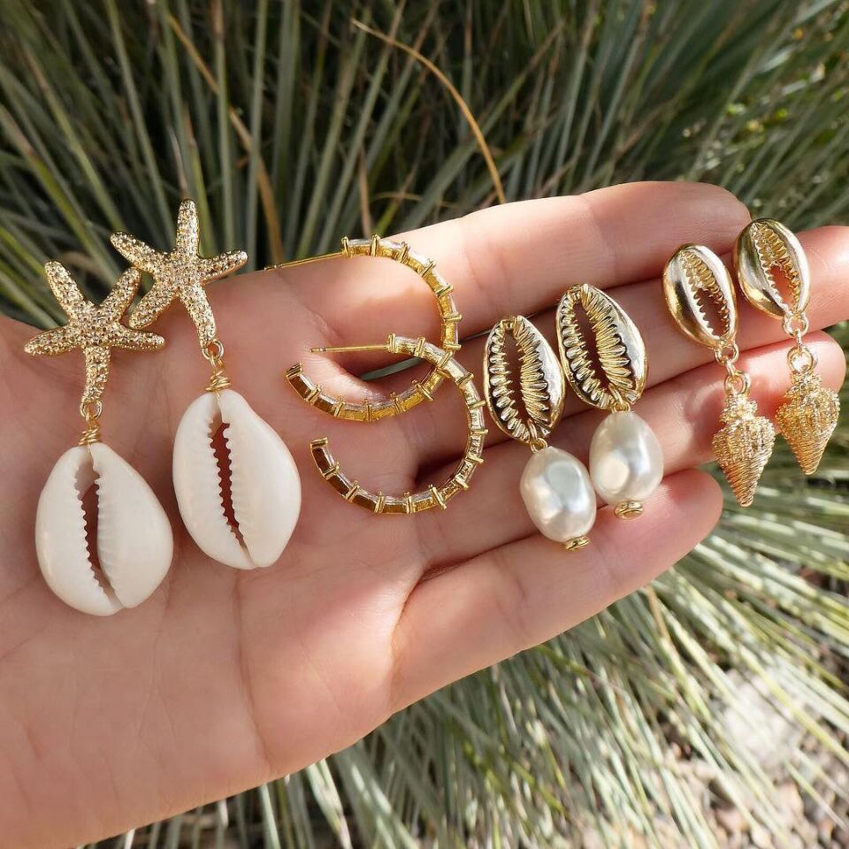 Conjunto de pendientes colgantes de concha de estrella de mar para mujer, aretes geométricos de concha Bohemia para playa, joyería de para niña