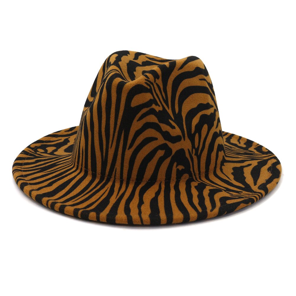 QBHAT Zebra Pattern Artificial Wool Felt Fedora Hats Women Men Large Brim Jazz Party Cap Panama Style Cowboy Hat