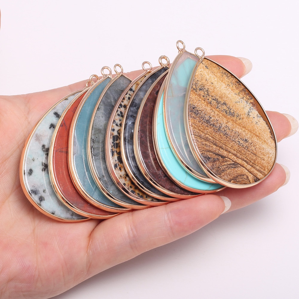 Natural Stone Pendants Water -shaped Semi-precious Stone Pendant for DIY Jewelry Making size 37x55mm