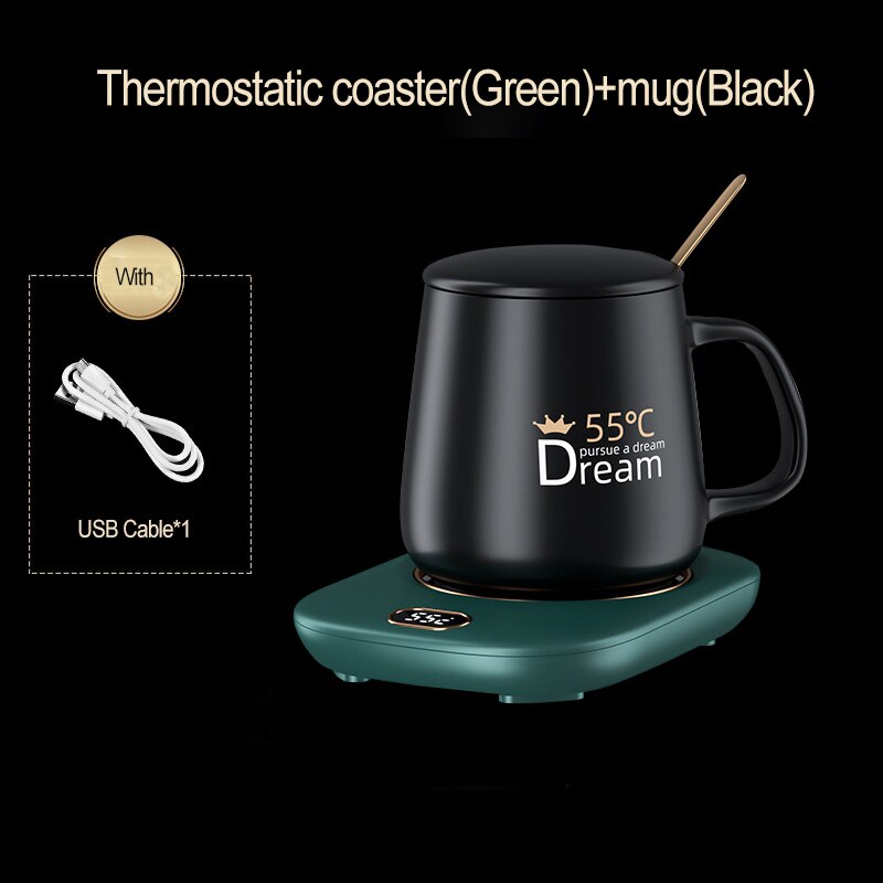 Smart Coffee Mug Cup Warmer Heating Coasters USB Charging Milk Tea Water Constant-temperatures Mug Set For Home Heating Mugs Pad: Green with Black Set