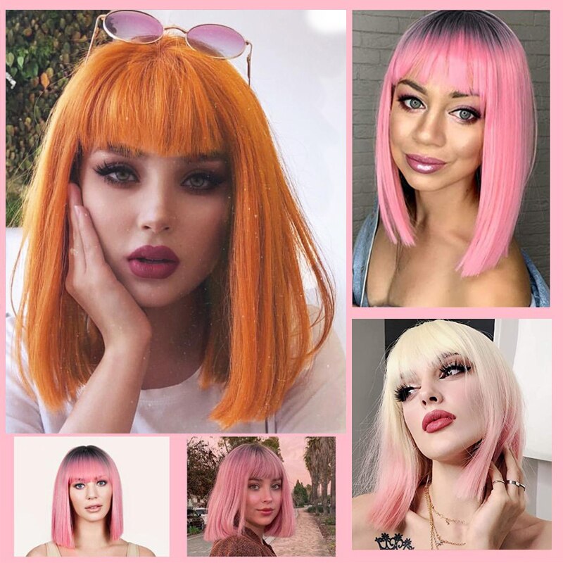 Linghang Short Bob Wig With Bangs for Women Synthetic Bob Wigs Black Pink Purple Wig for Party Daily Use Shoulder Length