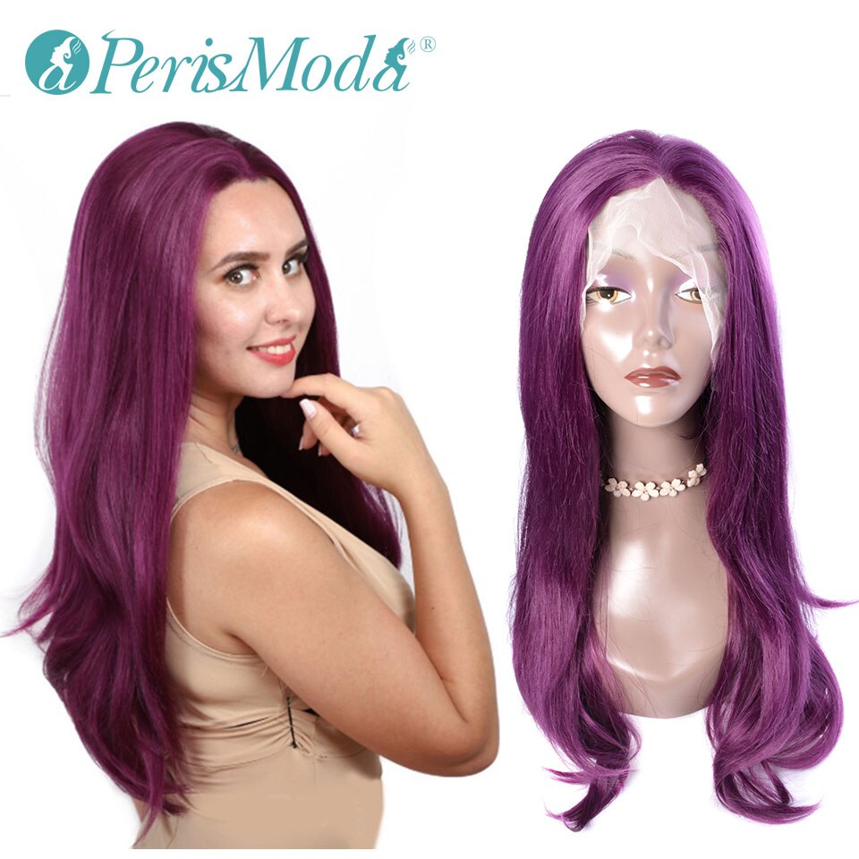Pelucas frontales de encaje sintético para mujer, pelo largo liso, marrón oscuro, Morado, rojo, resistente al calor, pelucas de pelo sintético