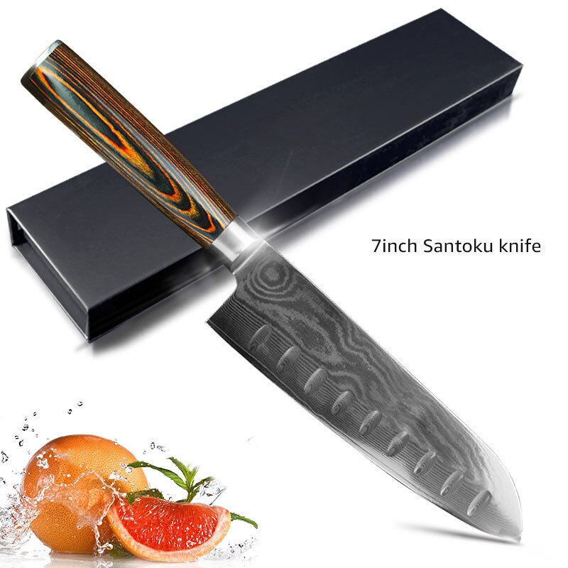Damaskus kniv köksknivar japansk kock santoku kniv 67 lager damaskus knivar i rostfritt stål ultra skarpt pakka handtag: 7 tums damaskus kniv