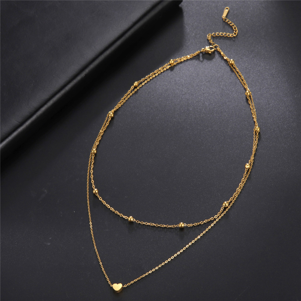Skyrim Tiny Heart Choker Necklaces Stainless Steel Double Layered Beads Chain Necklace Women Aesthetic Jewelry Mother Day
