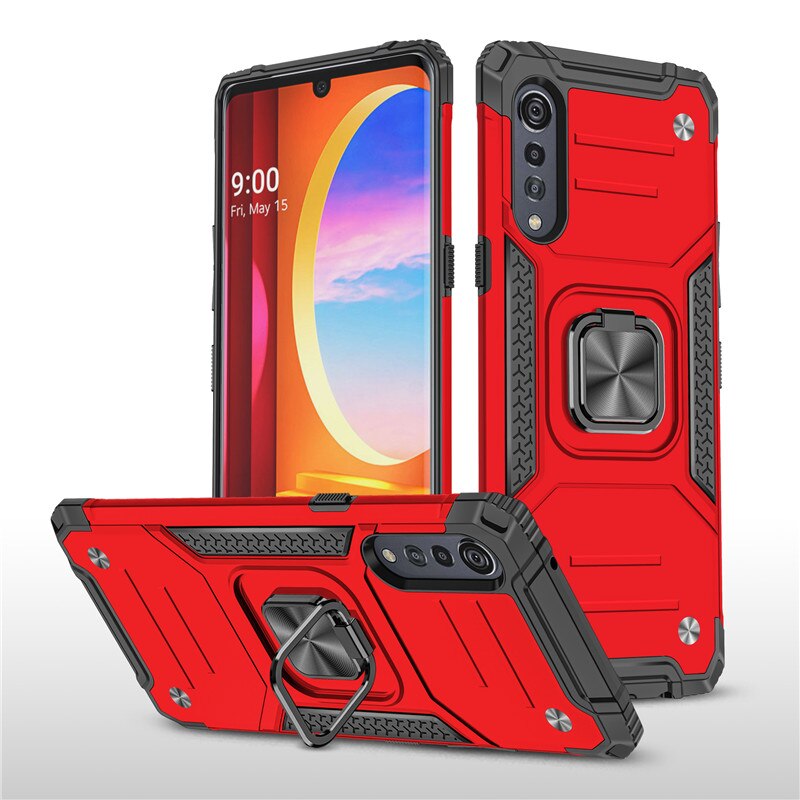 Odporne na wstrząsy etui na LG Velvet 5G 4G luksusowy zderzak pancerna obudowa LG pierścień aksamitny 360 Protect tylna pokrywa dla LG Velvet Stand Fundas: LG Velvet 5G / Red