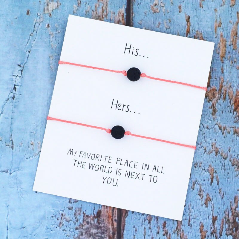 8mm zwarte lava wensarmbanden, bijpassende armbanden met zwart touw, vulkaansieraden voor hem en haar, vriendschapswenskaart: Roze