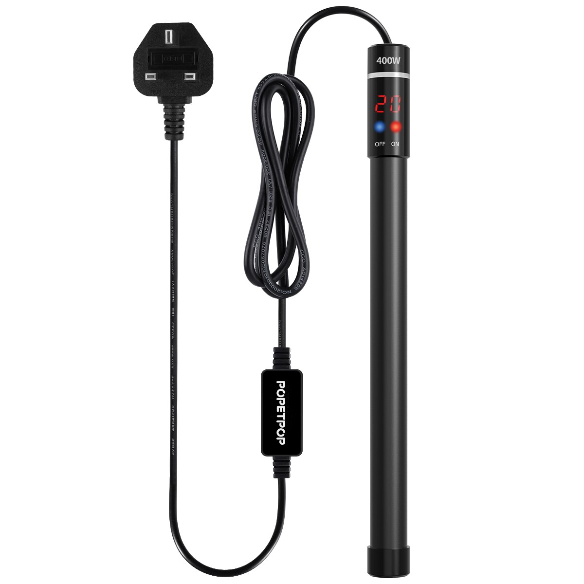 POPETPOP 400W Submersible Aquarium Heater Titanium Heating Rod with Thermometer and LED Digital Display: UK Plug