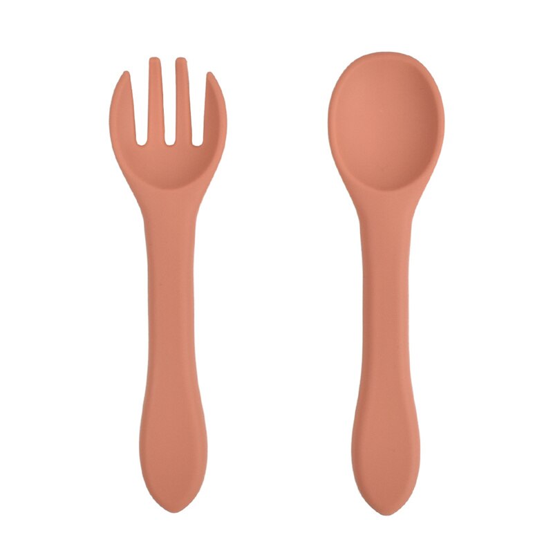 2 Pcs/Set Silicone Baby Learning Spoon Fork Set BPA Free Baby Silicone Tableware Non-Slip Kids Safety Utensils Baby Stuff: 27