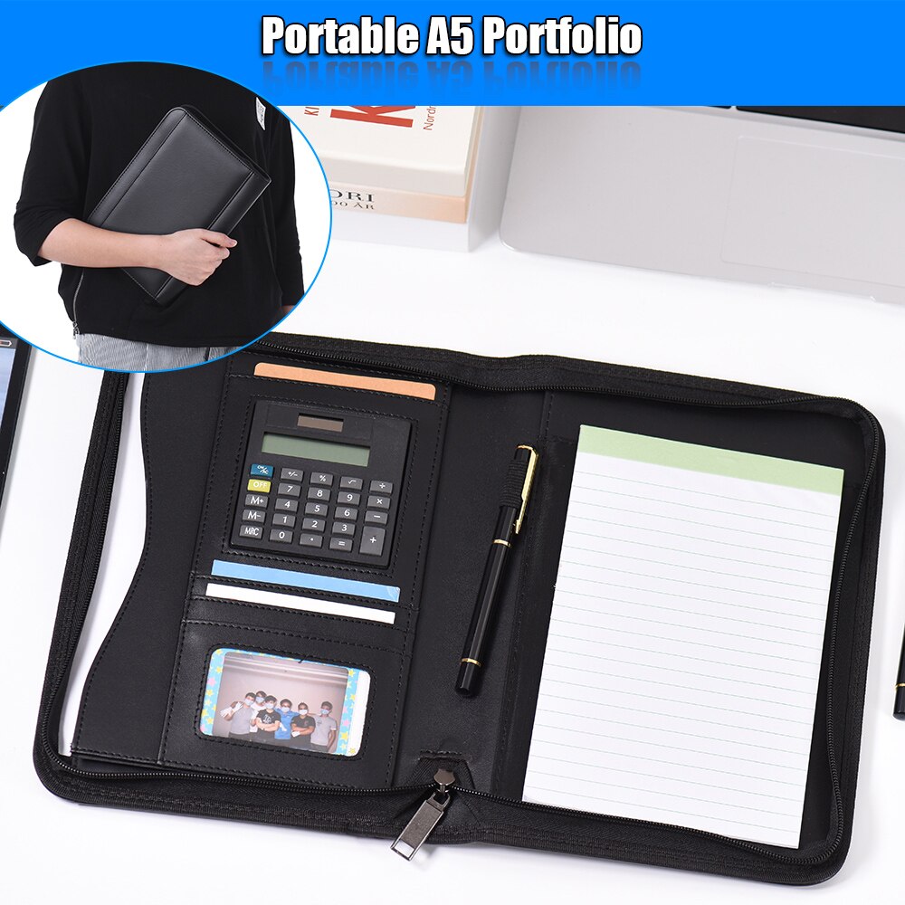 A5 A4 Business Portfolio Padfolio Folder Document Case Organizer A5 PU Leather Zippered Closure Calculator Card Holder Memo