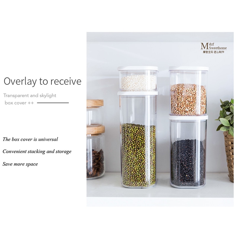 Plastic airtight jar kitchen storage box white lid food jar fresh-keeping transparent container sticker kitchen storage