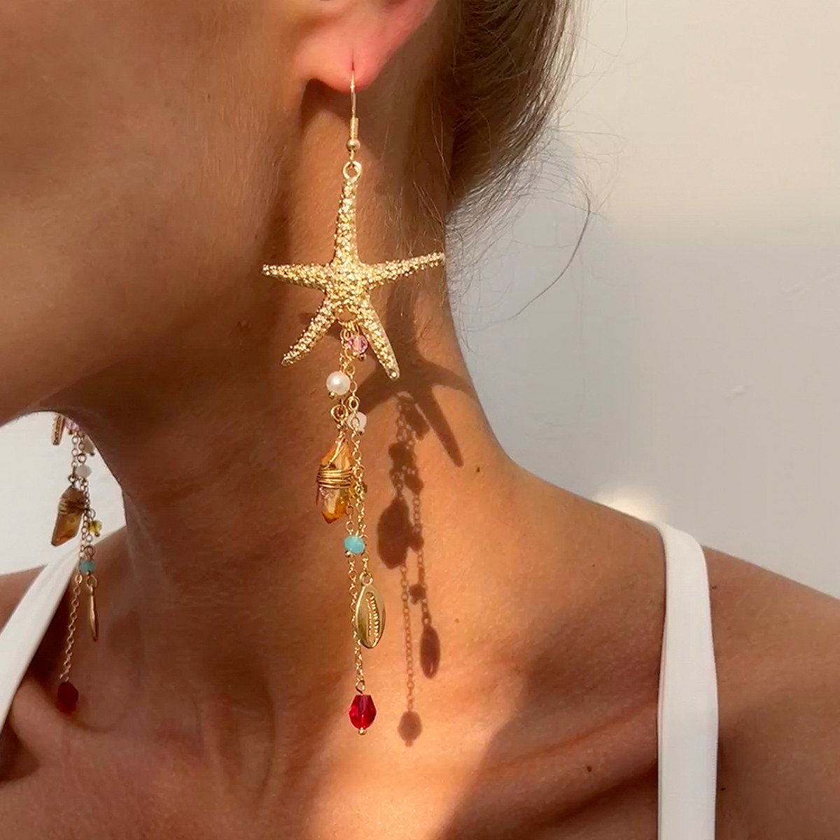 Ingemark Boho Starfish Jellyfish Imitation Pearls Crystal Long Tassels Earrings Women Trendy Piercing Earrings Y2K Jewelry: Red Wine