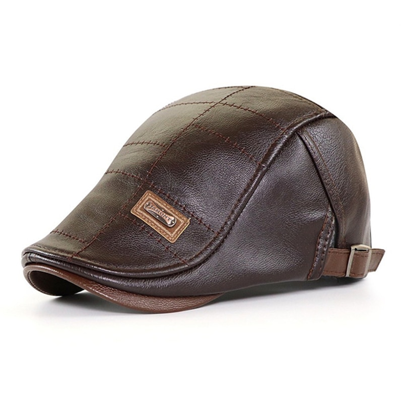 Béret en cuir PU pour homme, Casquette coupe-vent, chapeau plat de printemps, , sangle latérale: Dark coffee Style1