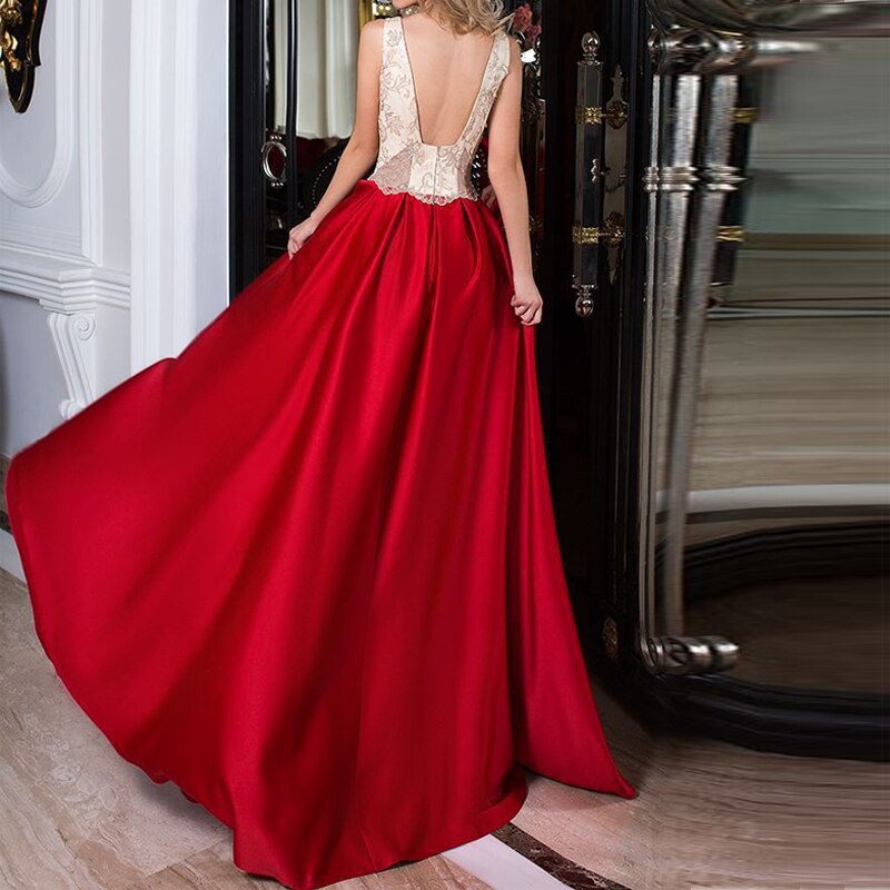 Vintage Red Sleeveless Evening Gowns Robe Women Sexy Full Length Cocktail Dresses Wedding Party Guest Prom Vestidos