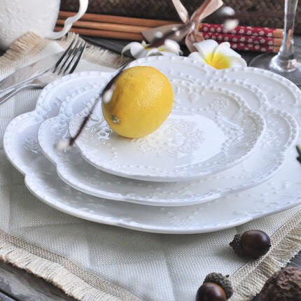 European Style Flat Plate-6&quot;8&quot;10&quot;Western Steak Plate -Embossed Round Shallow Plate Pure White Bone China Dessert Tray Home Acces