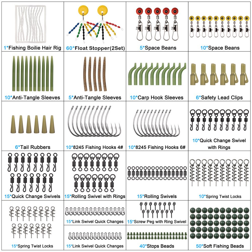 348 pz/scatola carpa attrezzatura da pesca scatole set con Matt cambio rapido girevole collegamenti gancio Boilie esca ferma carpa Leader rigs accessori