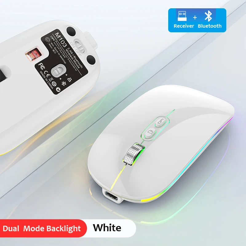 Dual Mode Bluetooth 2.4G Draadloze Muis One-Click Desktop Functie Type-C Oplaadbare Stille Achtergrondverlichting Muizen Voor Laptop Pc Nieuw: WHITE