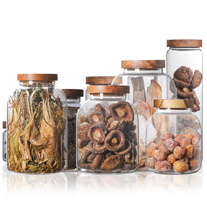 Botellas de almacenamiento de vidrio con tapa de madera, tarros grandes para alimentos, té, granos de café, dulces, 350-3000ml