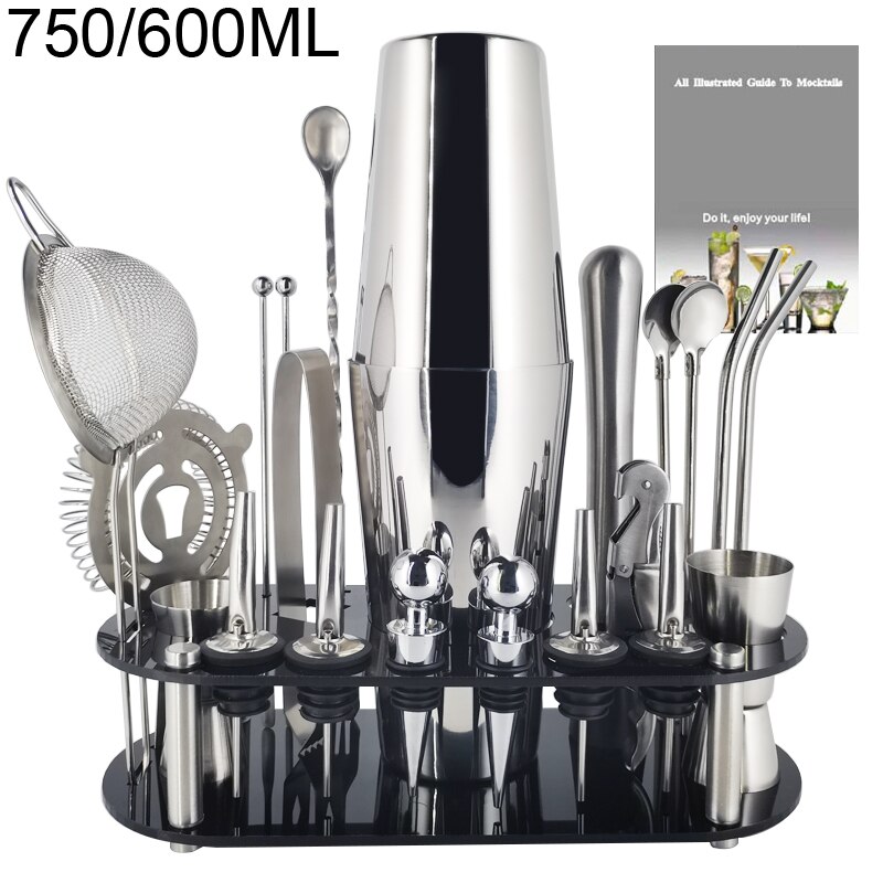 1-22Pcs Boston Cocktail Shaker Bar Gereedschap Wijn Mixer Set Barman Cocktail Shaker Tool Kit Schenker Jigger Warhoofd met Houder: 22 S 750 600ml Rack