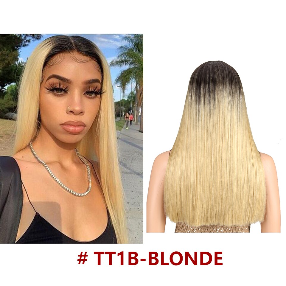 Bella Longue Droite Ombre Bleu & Vert Rose Blond Violet Violet Noir Bleu vert cheveux pièce 7 couleurs Résistant À La Chaleur Synthétique Dentelle Perruques Pour Les Femmes 20 pouce partie médiane droite colorée perruq