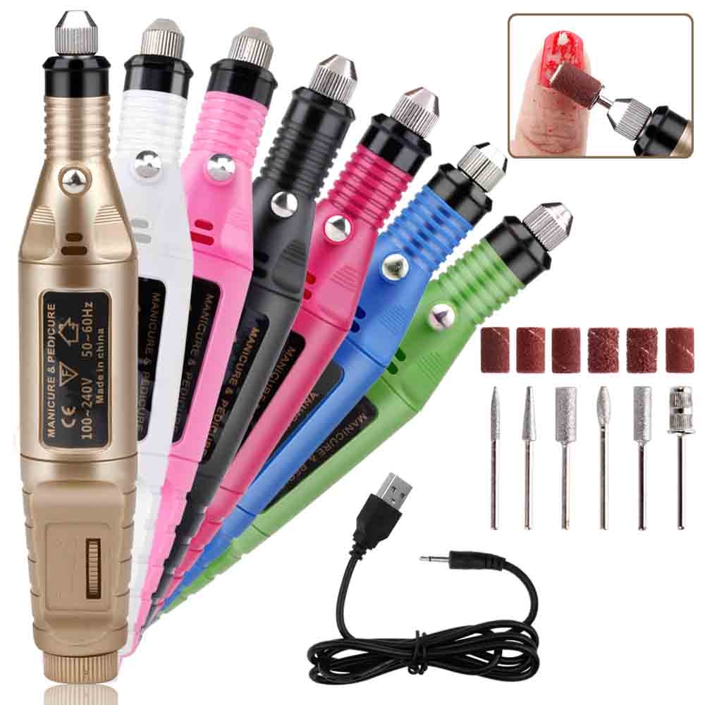 Electric Nail Drill Set Manicure Machine Pedicure Tool 6 Bits Sanding Buffer Apparatus Strong File Pen USB Charging