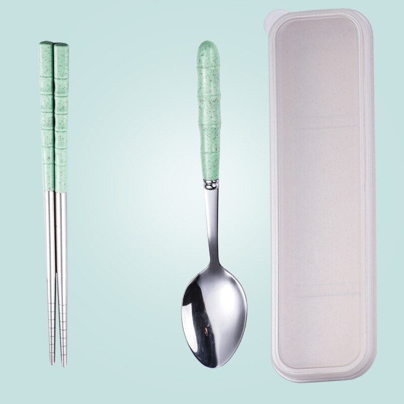 Tragbares edelstahl-essgeschirr-einstellen aus weizenstroh, essstäbchen, löffel und gabel, geschirr für kinderküchen-essgeschirr-einstellen: Grün -2 stück 1