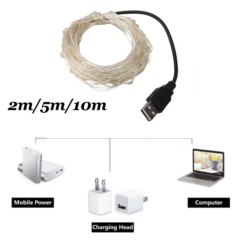 Guirlande lumineuse LED USB 5V, 2M 5M 10M, fil argenté, étanche, guirlande lumineuse féerique pour la maison, noël, décoration de fête de mariage