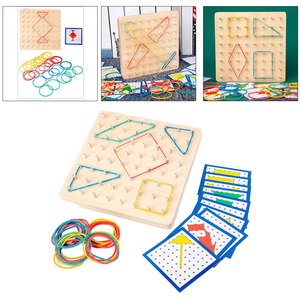 Geoboard with 20 Pieces Pattern Wooden Cards And Rubber Strips Shape