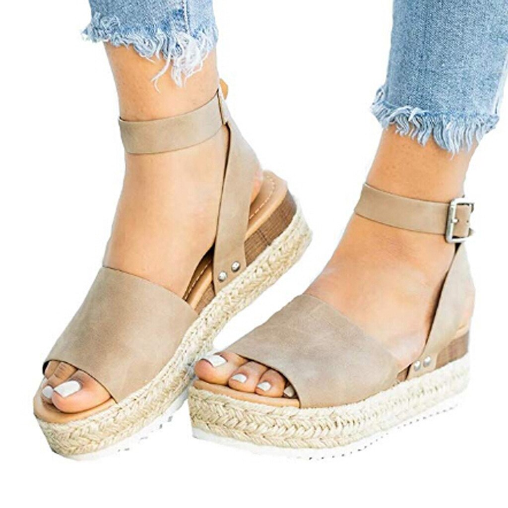 Décontracté semelle en caoutchouc clouté Chaussures compensées Femme boucle bride à la cheville sandales à bout ouvert femmes Chaussures plate-forme Chaussures Femme Zapatos