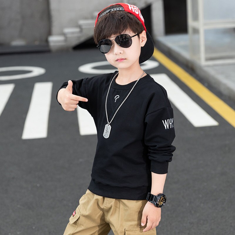 Sudadera de manga larga para niños, ropa coreana, traje de algodón de Color blanco y negro, 5, 7, 9, 11, 13, 14 años, primavera y otoño: Negro / 13