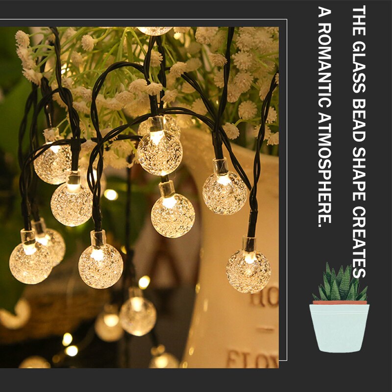 Guirlande solaire 50led 7.5M, 2 types d&#39;alimentation, féerique, boule de cristal, décoration de maison, noël, mariage