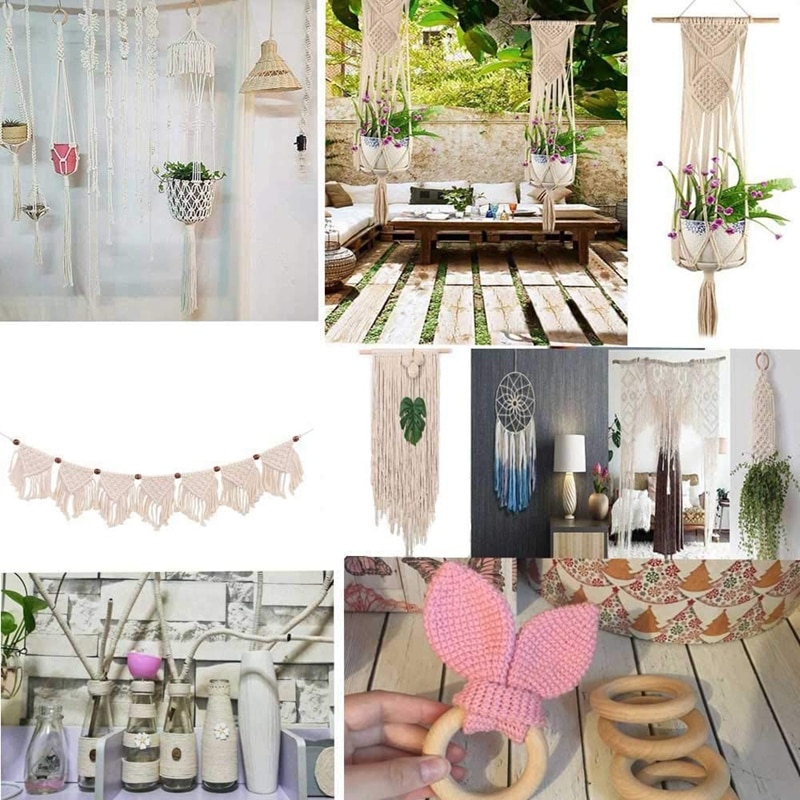 Macrame planteophæng macrame snor 109 yards naturlig macrame snor 3mm snor med træring træpind til gør-det-selv-håndværk