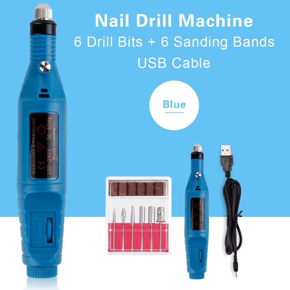 Electric Nail Drill Set Manicure Machine Pedicure Tool 6 Bits Sanding Buffer Apparatus Strong File Pen USB Charging: USB Blue
